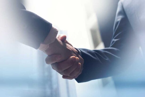 A photograph of two people shaking hands, with the edges of the photograph being artistically blurred.