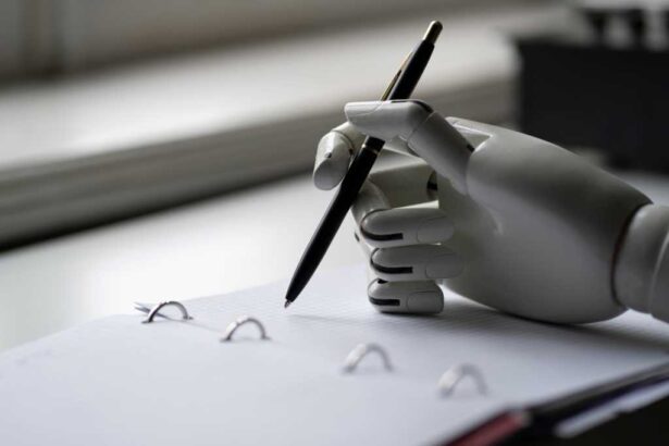 artificial robotic arm write down some notes with pen
