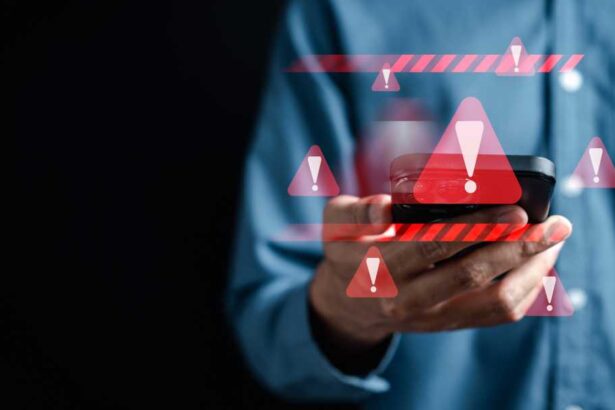 System warning caution sign on smartphone, scam virus attack on firewall for notification error and maintenance. Network security vulnerability, data breach, illegal connection and information danger.