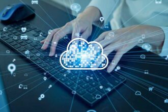 Cloud computing concept with engineer using computer in office.