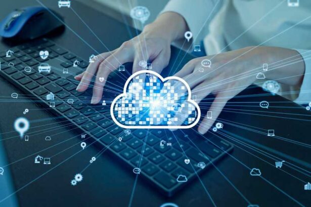 Cloud computing concept with engineer using computer in office.