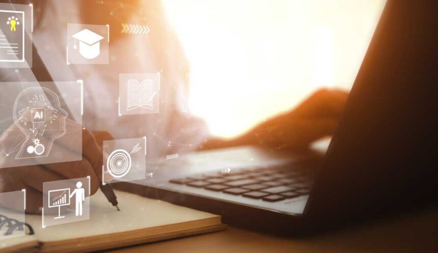 E-learning technology, webinar, online education and training to develop new skills and knowledge. artificial intelligence,AI-enhanced learning with personalized courses. Remote learning on internet.