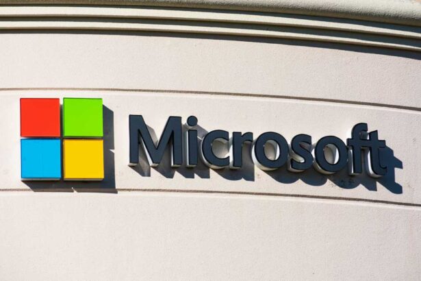 Microsoft sign and logo on the facade of corporation campus in Silicon Valley. The company headquartered in Redmond, Washington - Mountain View, California, USA - 2019