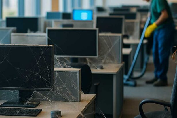 Bokeh photo of inside a modern, open it department in a modern, bright office that has no people. rows of cubicles are visible with computers that are turned off. the office is mostly clean and bright but cobwebs are visible on the workstations.. the