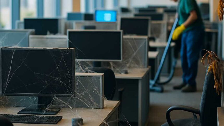 Bokeh photo of inside a modern, open it department in a modern, bright office that has no people. rows of cubicles are visible with computers that are turned off. the office is mostly clean and bright but cobwebs are visible on the workstations.. the