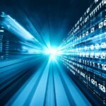 Digital data flow on road with motion blur to create vision of fast speed transfer . Concept of future digital transformation , disruptive innovation and agile business methodology .