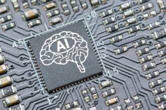 Artificial intelligence AI chip on a circuit board illustration
