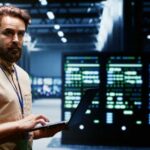 Experienced engineer writing data center disaster recovery plan on laptop to provide rapid restoration of service, limiting disruption and minimizing interruptions to normal operations