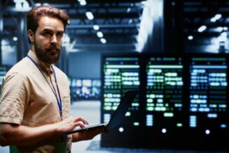 Experienced engineer writing data center disaster recovery plan on laptop to provide rapid restoration of service, limiting disruption and minimizing interruptions to normal operations