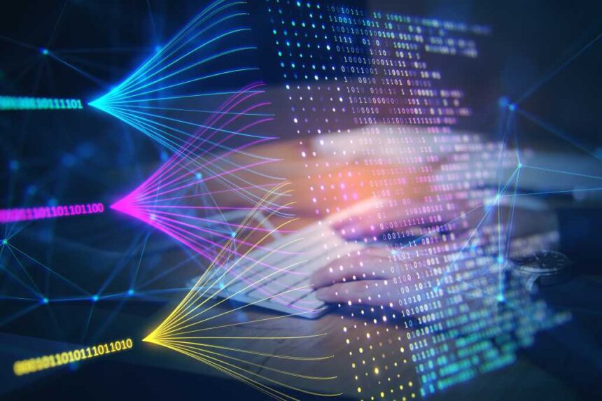 Code. Close up of guy hands using keyboard with creative big data lines on dark background. Technology and innovation concept. Double exposure