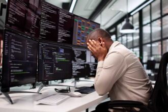 Unhappy Programmer Caught In Maze Of Broken Software And Stress.