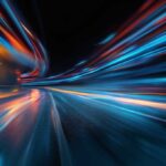 Panoramic high speed technology in big city concept, light abstract background.