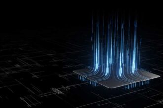 3D Rendering of digital binary data on microchip with glow circuit board background. Concept of for deep machine learning, crypto currency, hi tech product uses. Big data visualization, cpu processing
