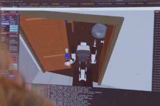 Software screenshot as virtual simulation data is driving the development of physical AI across corporate environments, led by initiatives like Ai2’s MolmoBot.