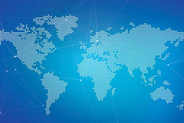 World map dots on blue background