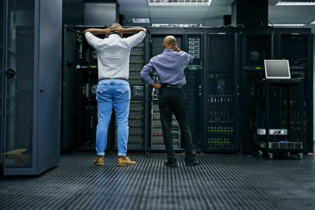 Meanwhile in the server room.... Rearview shot of two IT technicians having difficulty repairing a computer in a data center.