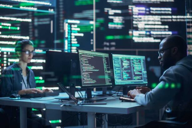 Portrait of Two Diverse Developers Working on Computers, Typing Lines of Code that Appear on Big Screens Surrounding Them. Male and Female Programmers Creating Innovative Software, Fixing Bugs.