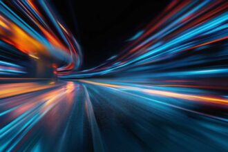 Panoramic high speed technology in big city concept, light abstract background.