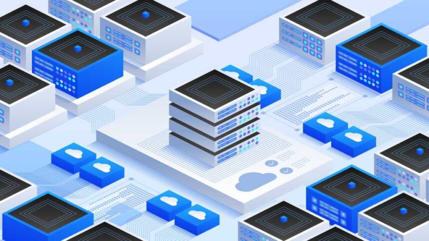 Data center infrastructure with interconnected servers, cloud computing, and virtual networks. Vector isometric illustration for advanced IT systems, big data, and cloud storage.