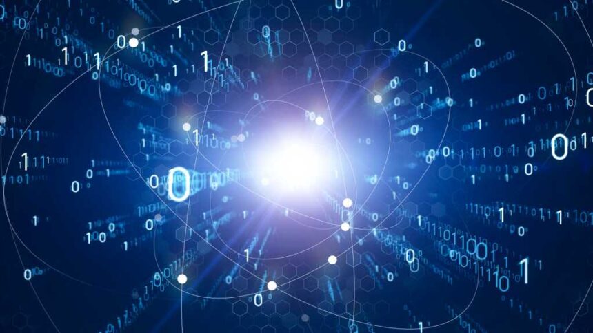 Digital transformation concept. Binary code. Programming. Quantum computer.