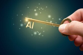 Unlock potential of AI (artificial intelligence) concept. Hand with golden key and acronym AI. Key to success with use of AI.