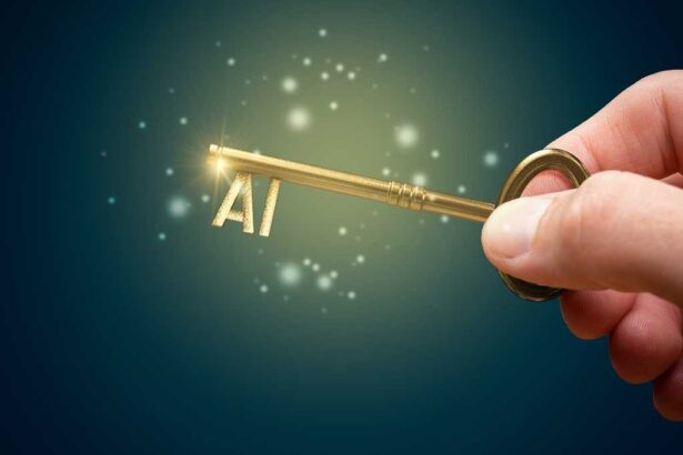 Unlock potential of AI (artificial intelligence) concept. Hand with golden key and acronym AI. Key to success with use of AI.