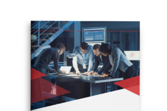 A group of professionals collaborating over a document titled