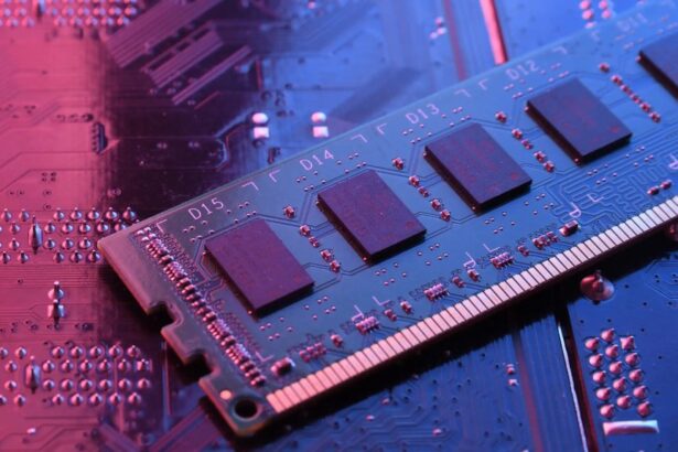 RAM memory stick module exposed and sitting on a circuit board