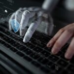 AI securing digital infrastructure, analyzing biometric authentication, monitoring threats, and managing identity protection through intelligent cybersecurity protocols. Latch