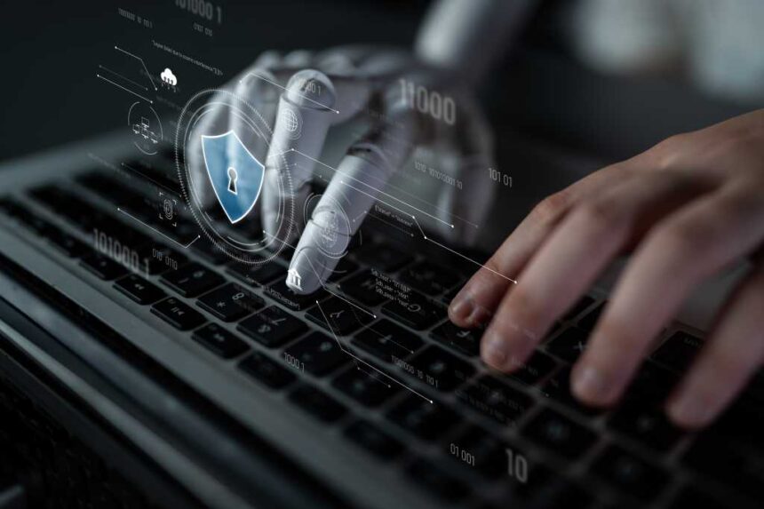 AI securing digital infrastructure, analyzing biometric authentication, monitoring threats, and managing identity protection through intelligent cybersecurity protocols. Latch