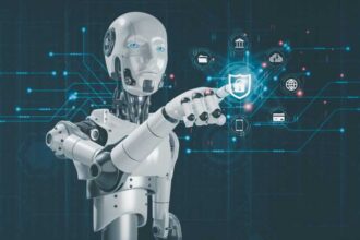 Artificial Intelligence Internet of Things Network Protection Global Business Robots Touch Key Protection Icons Digital technology concepts online marketing, data analysis, e-commerce connectivity