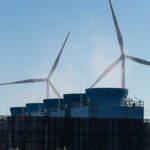 Heat emission from the chimneys of a large data and server complex.