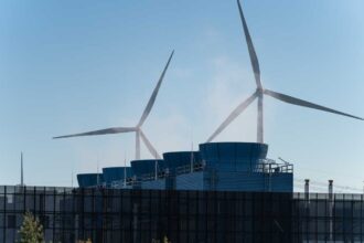 Heat emission from the chimneys of a large data and server complex.