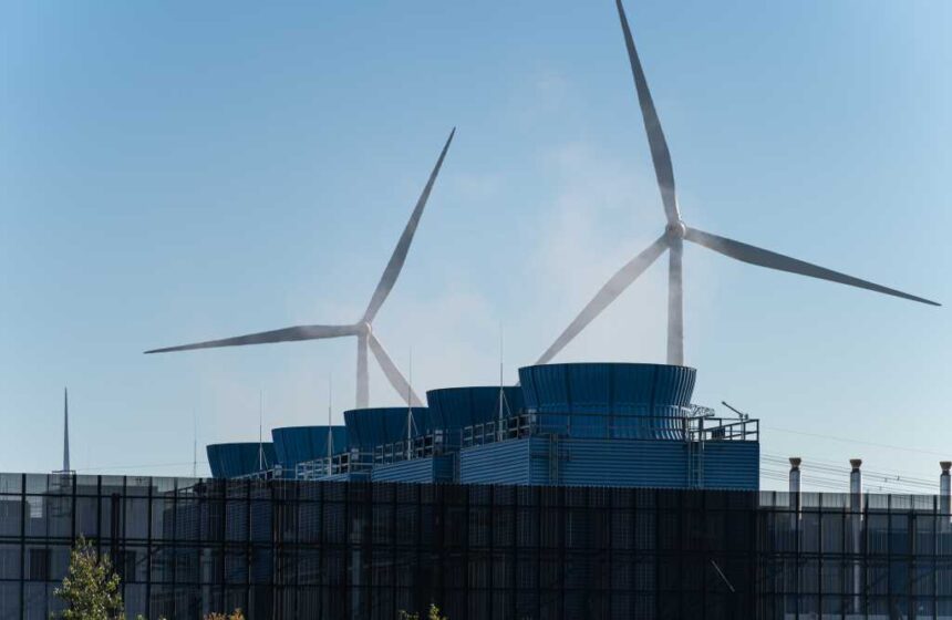 Heat emission from the chimneys of a large data and server complex.